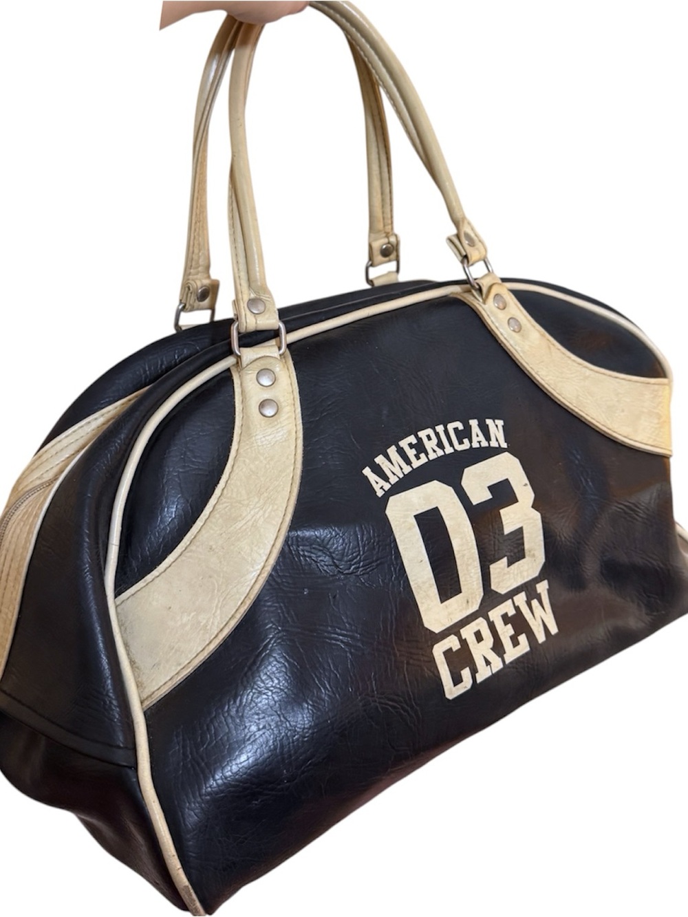 VARSITY LEATHER WEEKENDER BOWLING BAG CREAM BLACK SPORTY